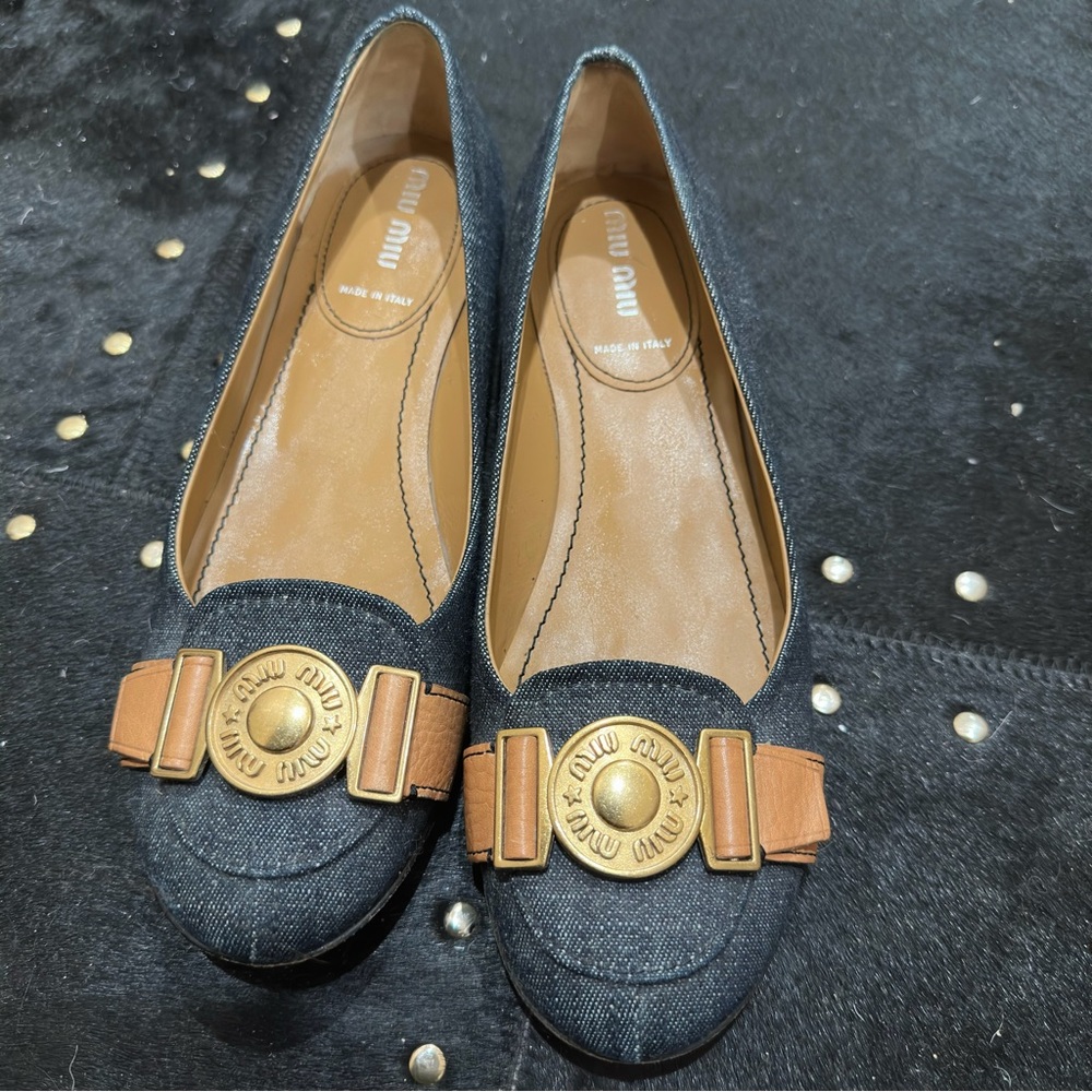 Miu Miu Denim and Tan Loafers with Gold Accent